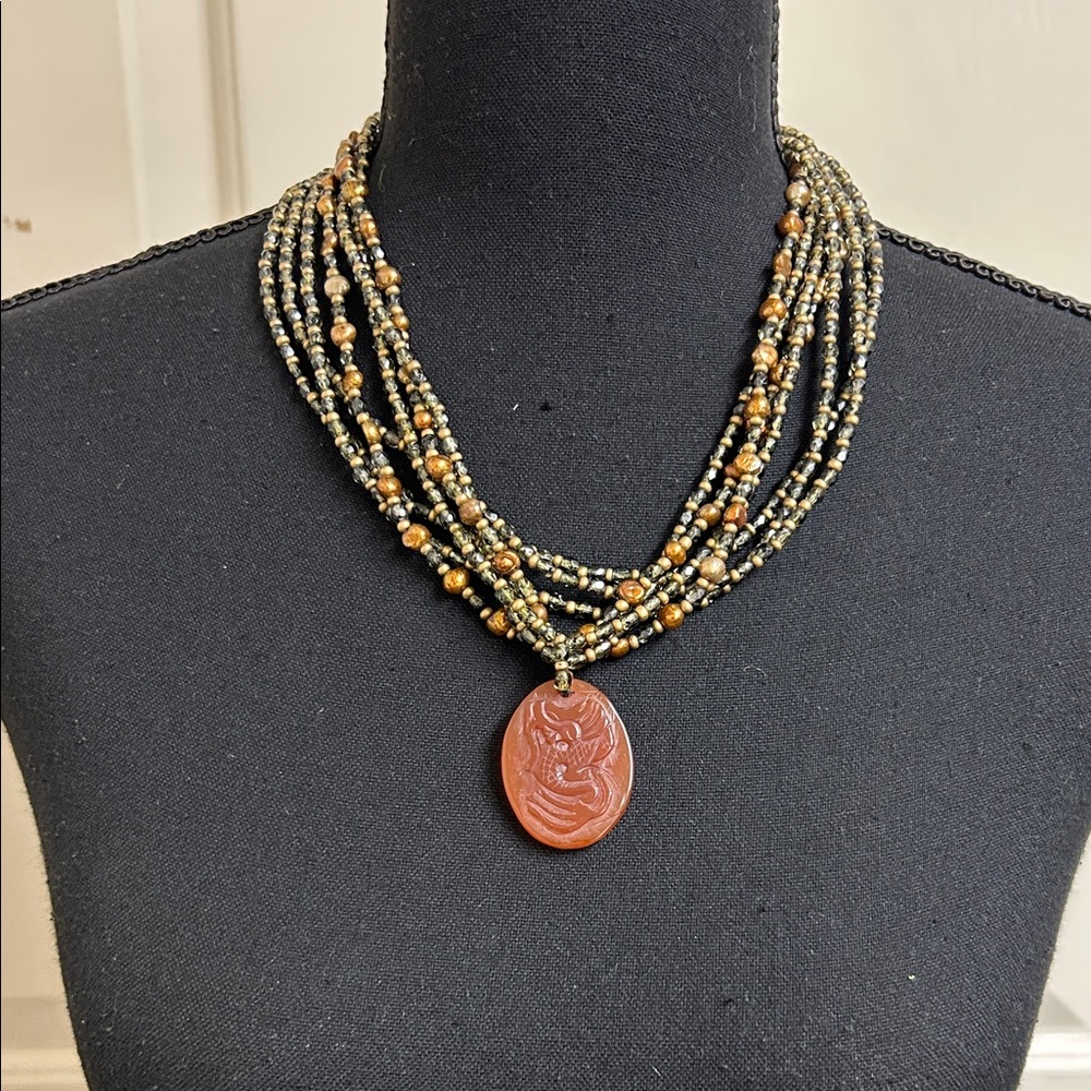 Tanner Natural Gemstone Pearl Multi Strand Necklace 21” Gold Tone, EUC